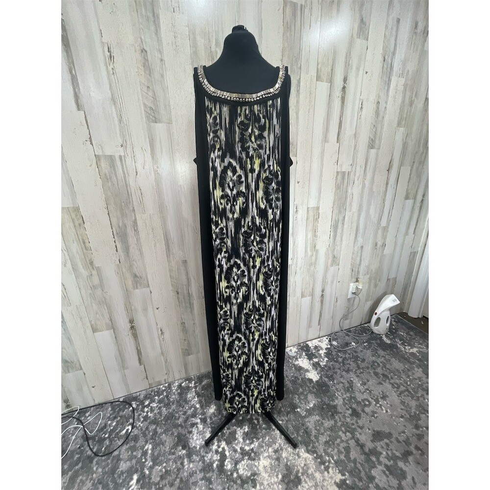 Catherine’s Maxi Dress Womens Plus 3XL Black Ikat Beaded Scoop Neck sku 688